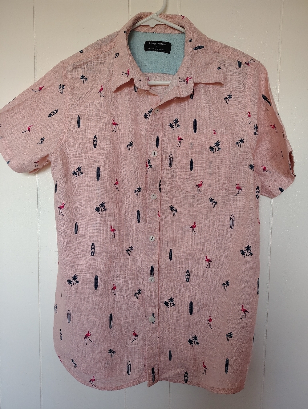 Ocean Current Men's Pink Short-Sleeve Button-Up Shirt with Flamingo Print Size S